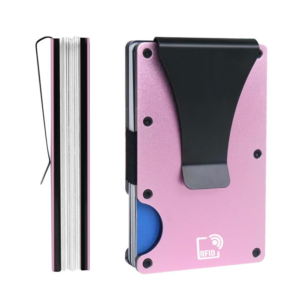 Minimalist Wallet for Men, RFID Blocking Card Holder & Metal Money Clip, Men’s Slim Wallet, Scratch Resistant, Easily Removable (Electric Pink)