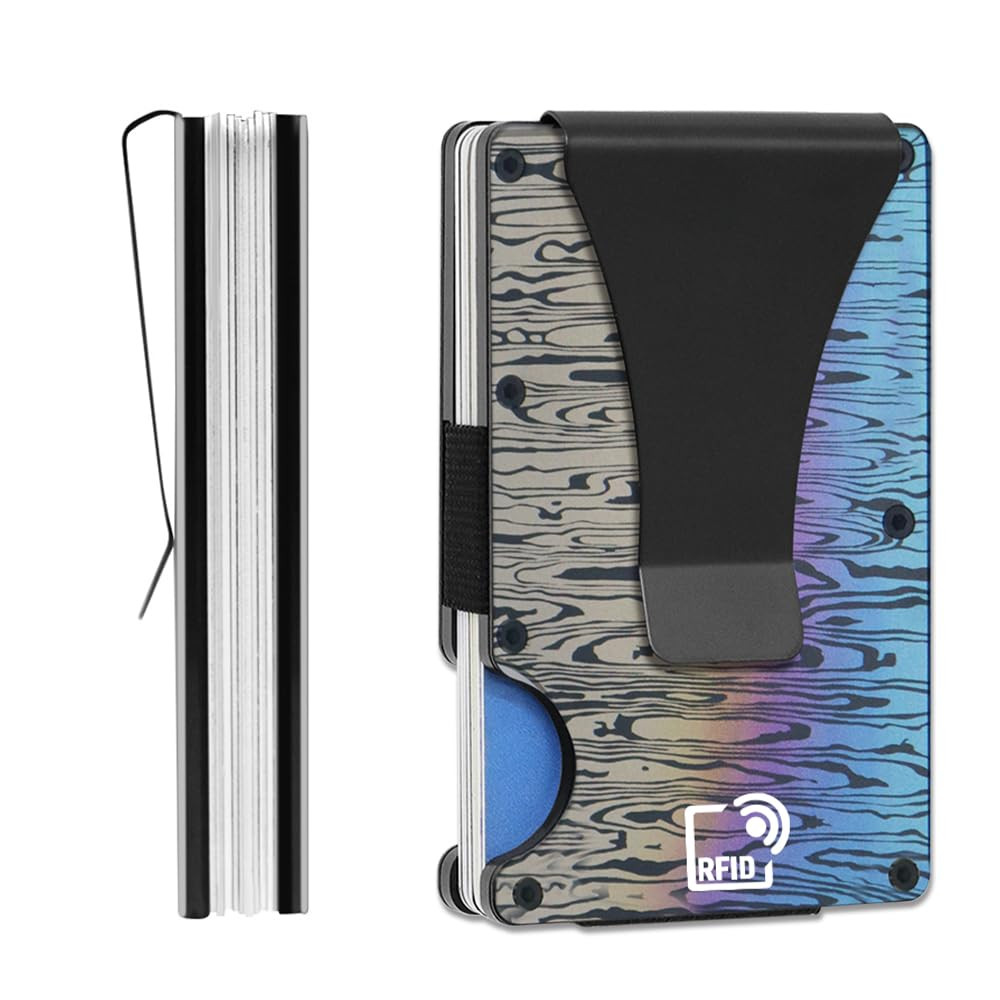 Minimalist Wallet for Men, RFID Blocking Card Holder & Metal Money Clip, Men’s Slim Wallet, Scratch Resistant, Easily Removable (Forged Damascus Alloy)